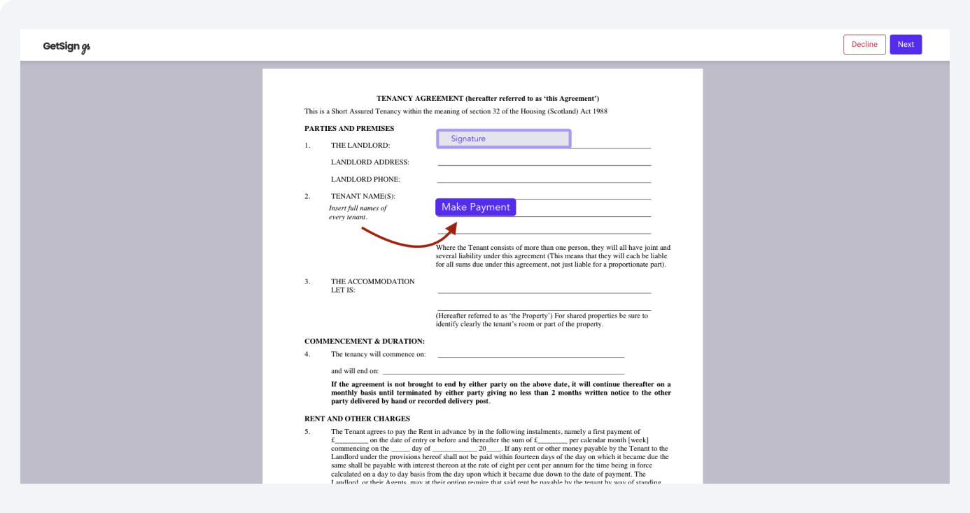 4. Send the Document for Signing & Payment screenshot of collecting payment with stripe on monday.com using GetSign