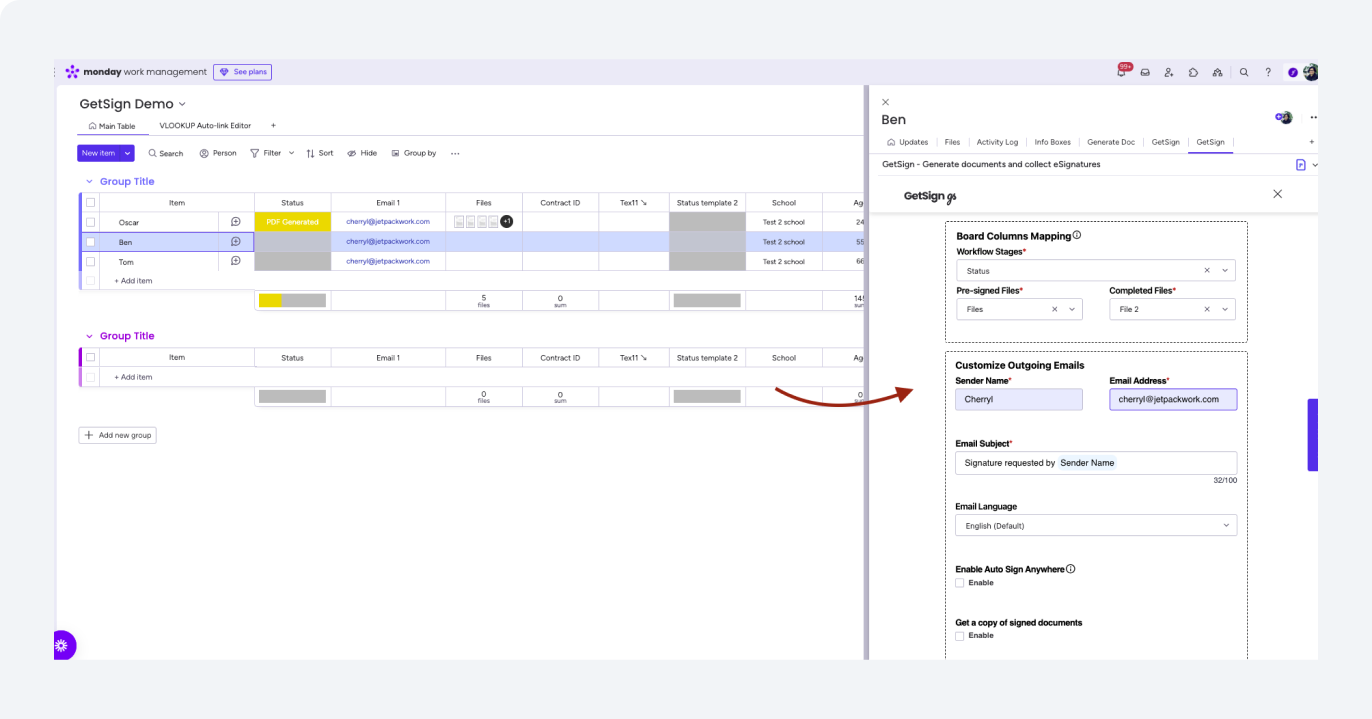 Set Up Document Delivery: GetSign Workflow - Electronic Signature on monday.com using GetSign