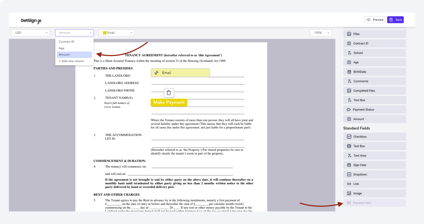 3. Add the “Payment Item” Board Field: collect payment with stripe on monday.com using GetSign