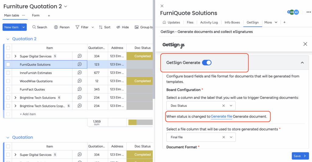 How to generate quotes and invoices on monday.com using GetSign 3 GetSign Generate