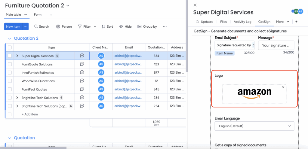 Enhance eSignature invites with custom email branding on monday.com using GetSign 1 custom email branding - logo