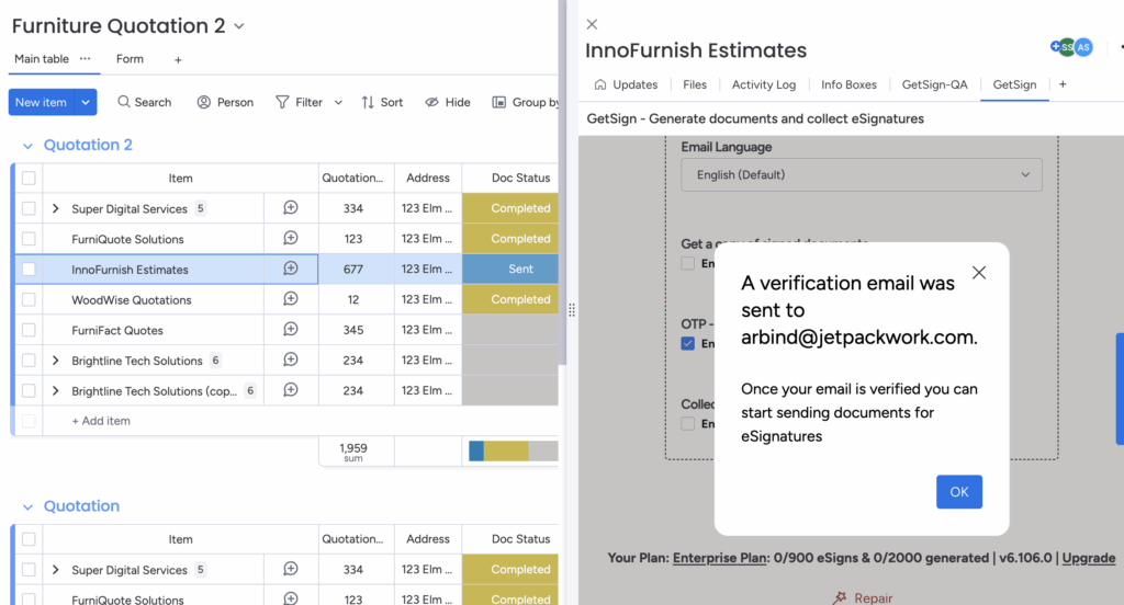 How to secure documents with OTP authentication in GetSign on monday.com 1 otp doc
