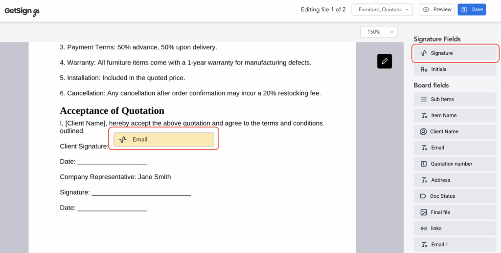 How to generate a document signing link and collect Signatures on monday.com using GetSign 2 placing signature on the GetSign editor