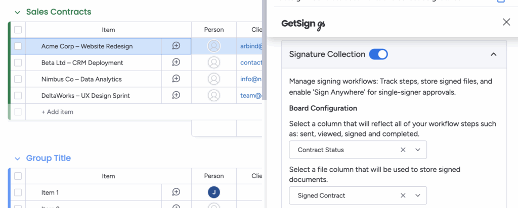How to send sales contracts for signature on monday.com? 3 toggle on signature collection