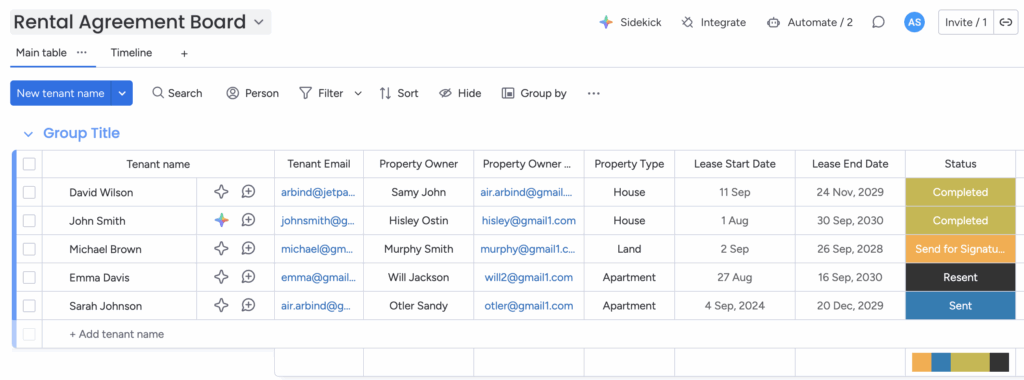 How to send Rental Agreement for signature on monday.com using GetSign 1 Demo board of Rental Agreement for signature on monday.com using GetSign