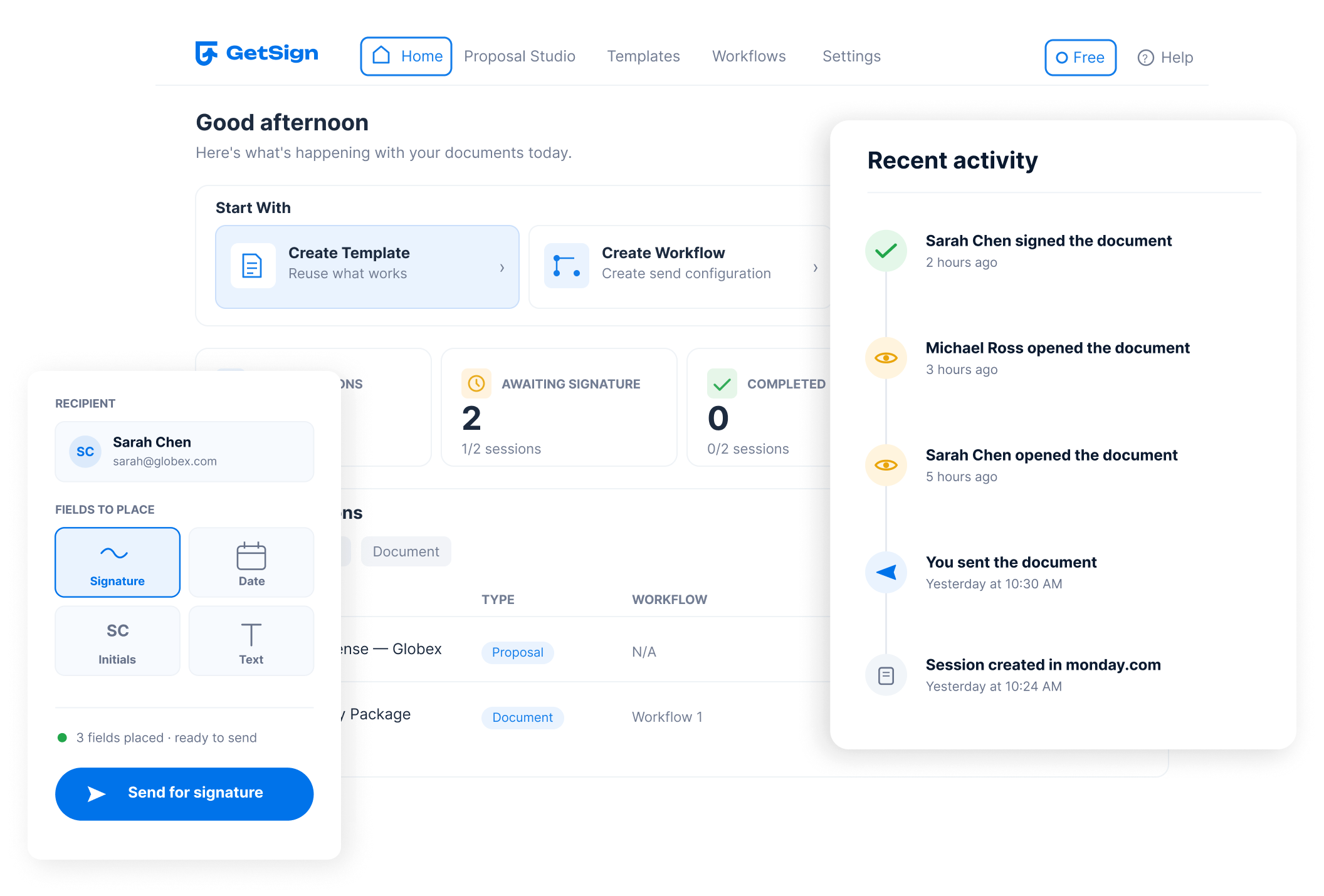 Send and sign documents natively with GetSign on monday.com